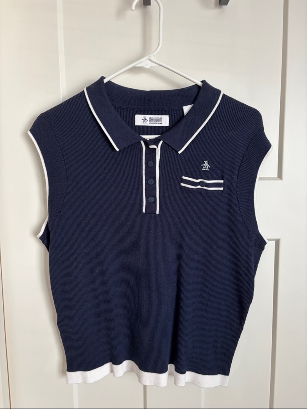 Original Penguin Navy Sleeveless Polo Tank with White Trim Accents